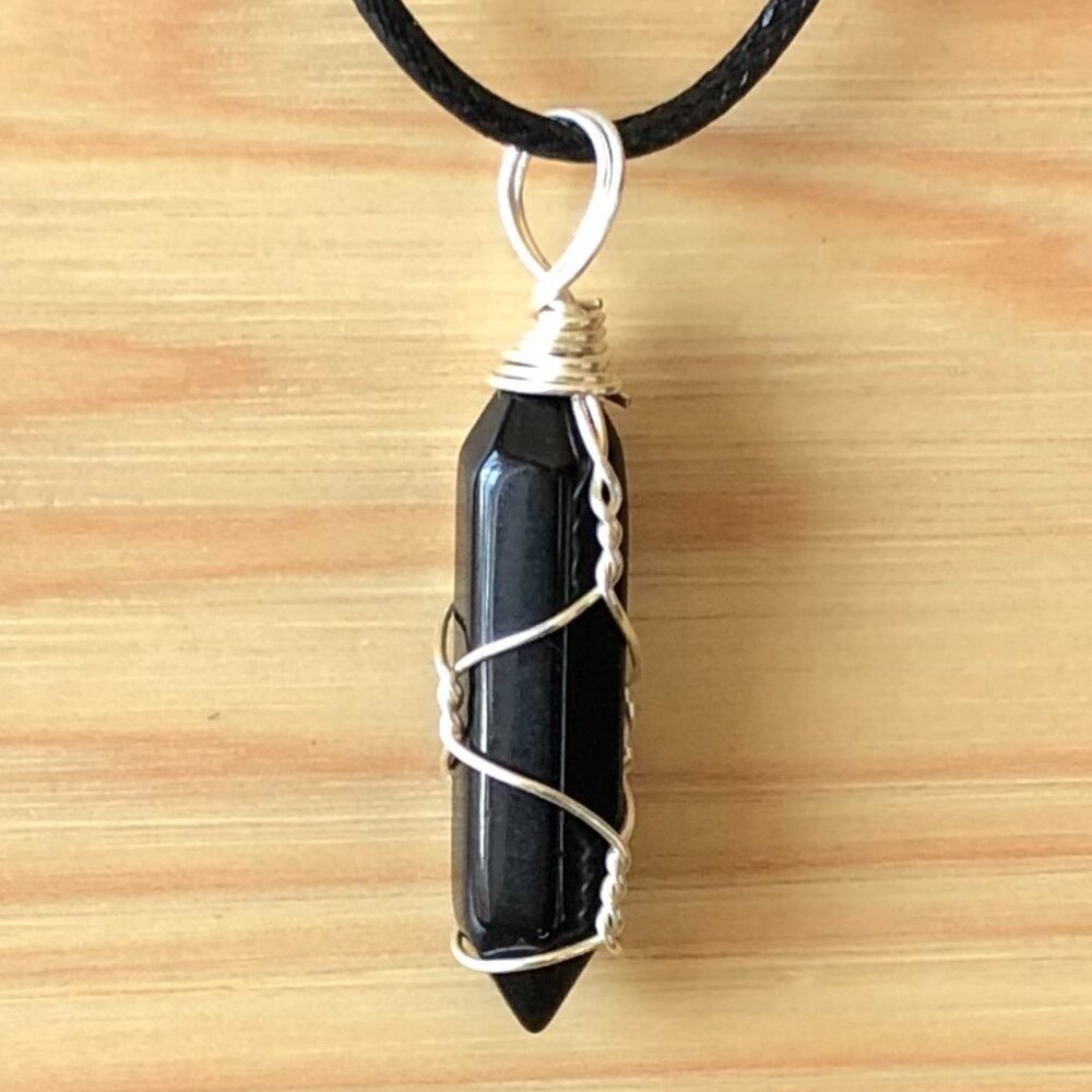 Black Obsidian Natural Gemstone Hexagonal Point Wire Wrapped Pendant Necklace